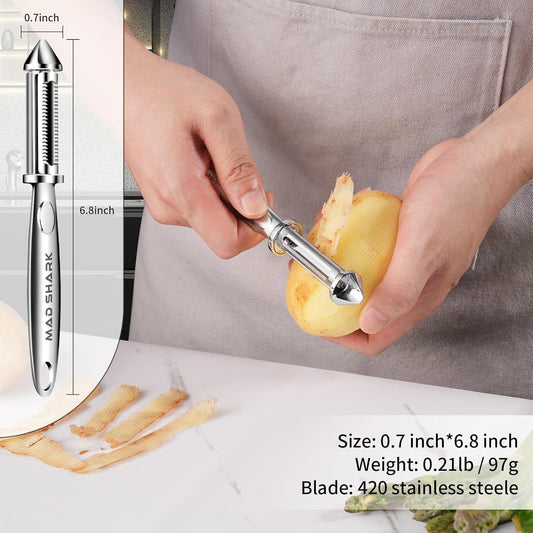 MAD SHARK Vegetable Peeler for Kitchen, Potato Peeler, Fruit Carrot Veggie Peelers, Design with Ergonomic Non-Slip Handle, I-Shaped Stainless Steel Serrated(Flat/Serrated Blade 2 in 1)