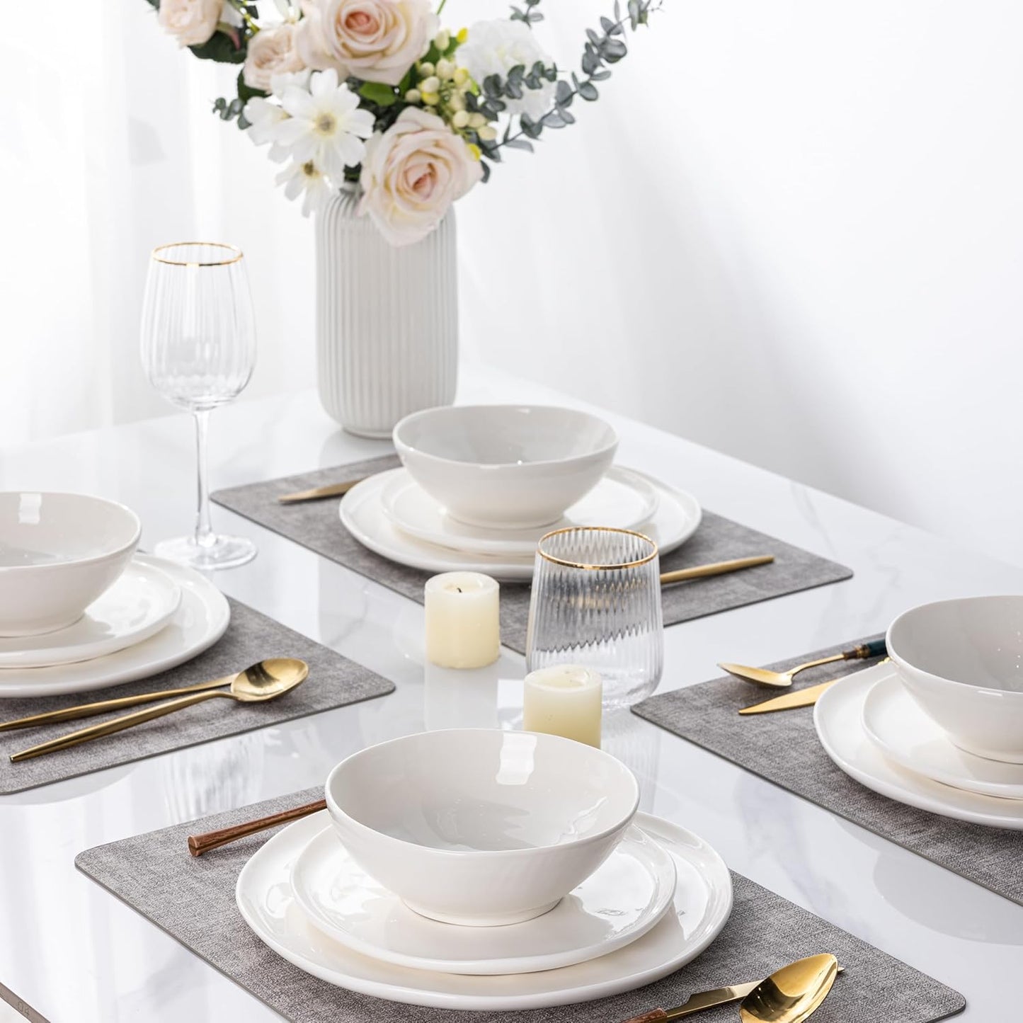 LERATIO Ceramic Dinnerware Sets for 4,Porcelain Plates and Bowls Sets with Wavy Edge,Microwave & Dishwasher & Oven Safe,Light Weight & Scratch Resistant Dishes Sets-Service for 4 (12pcs)-White