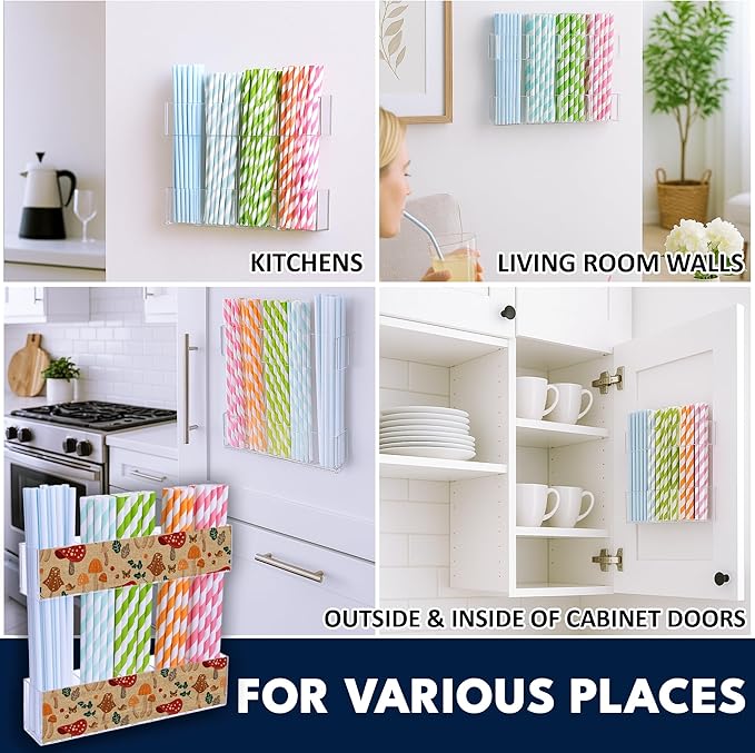 Acrylic Straw Holder for Cabinet Door or Countertop - Clear Organizer & Dispenser with 3 Sets of Decorative Stickers for Reusable Straws, Space-Saving Kitchen Storage, Pantry Organizer