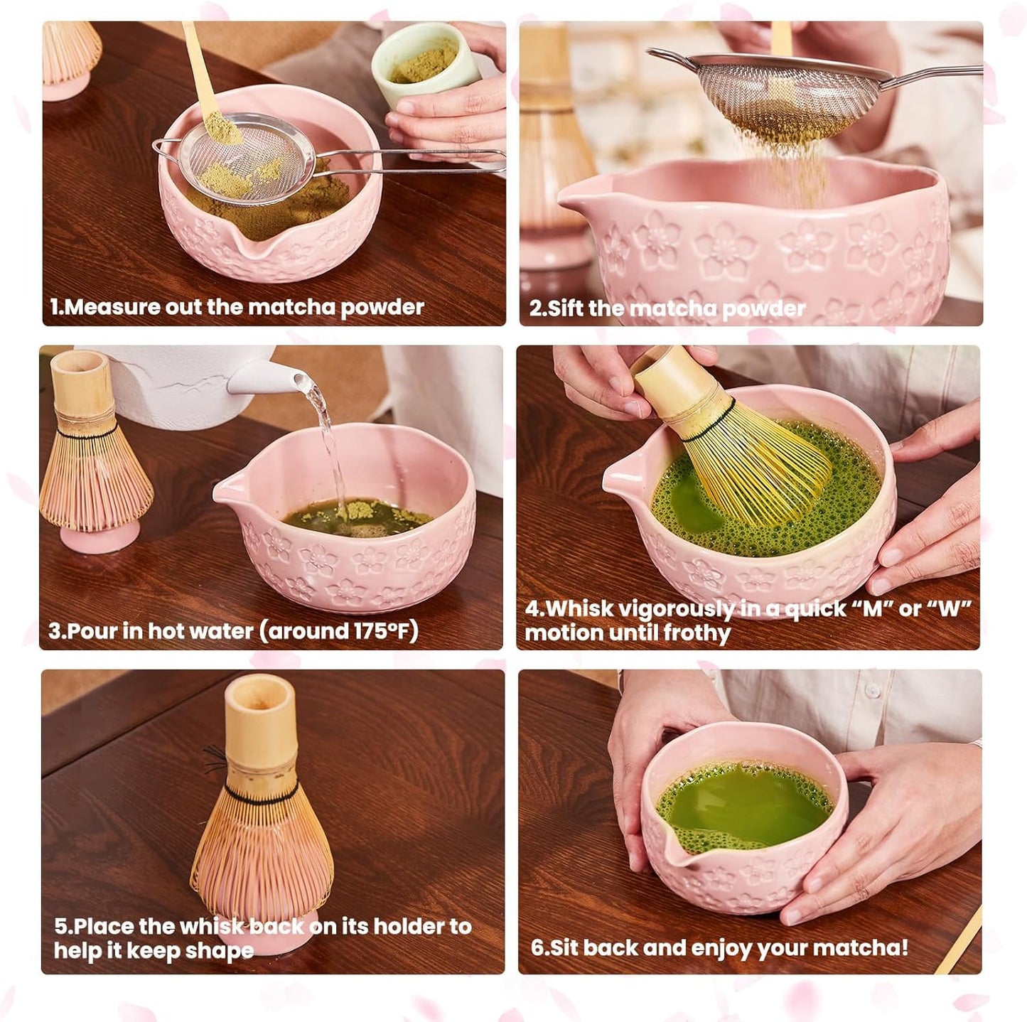 Matcha Whisk Set, Sakura Pink Ceramic Matcha Set Includes Matcha Bowl, Matcha Whisk (Chasen) and Holder, Sifter, Bamboo Scoop & Spoon - 6 Pcs Matcha Kit for Matcha Lovers