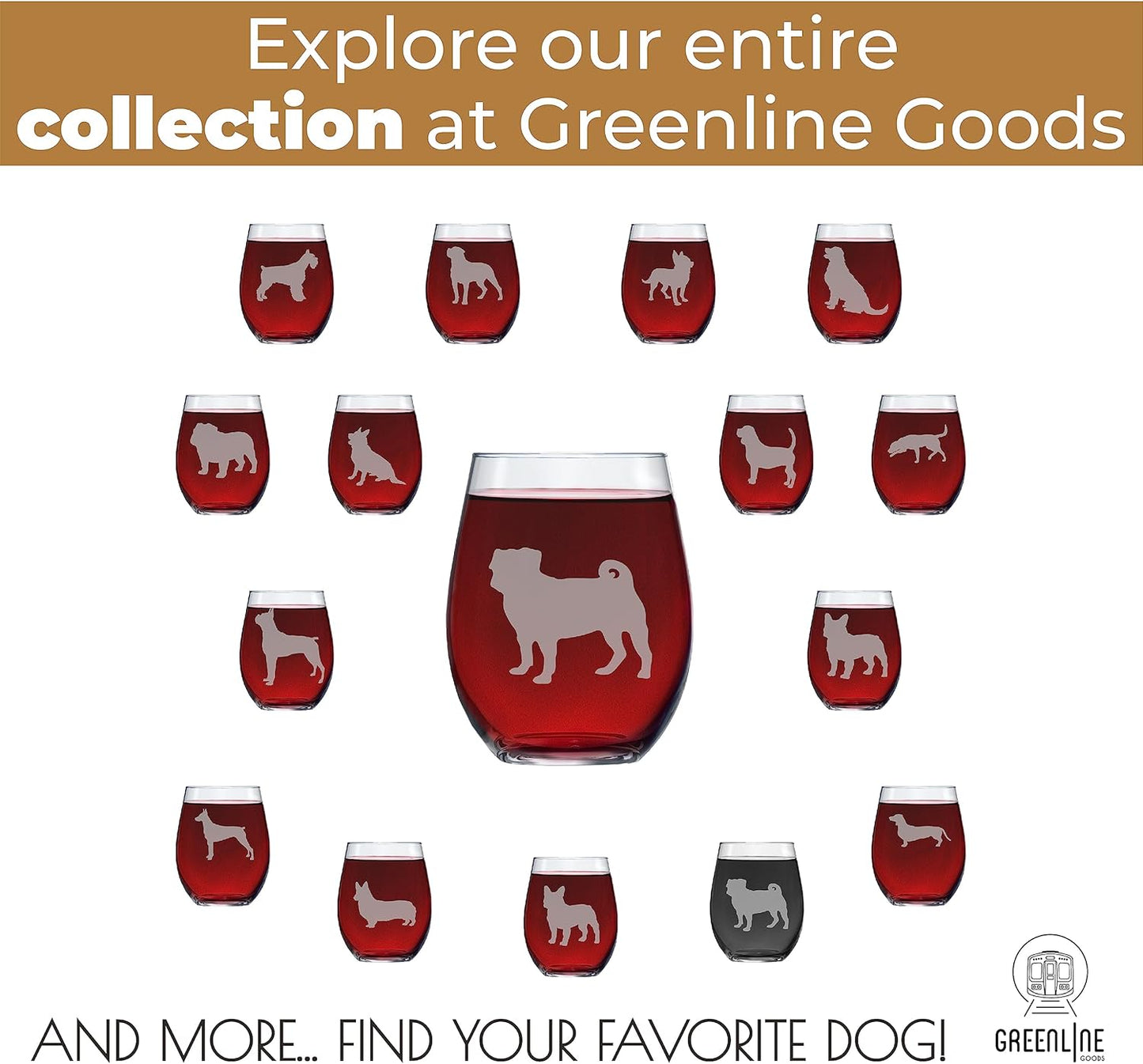 Greenline Goods Pug Stemless Wine Glasses (Set of 2) - Unique Gift for Dog Lovers - Hand Etched with Breed Name on Bottom