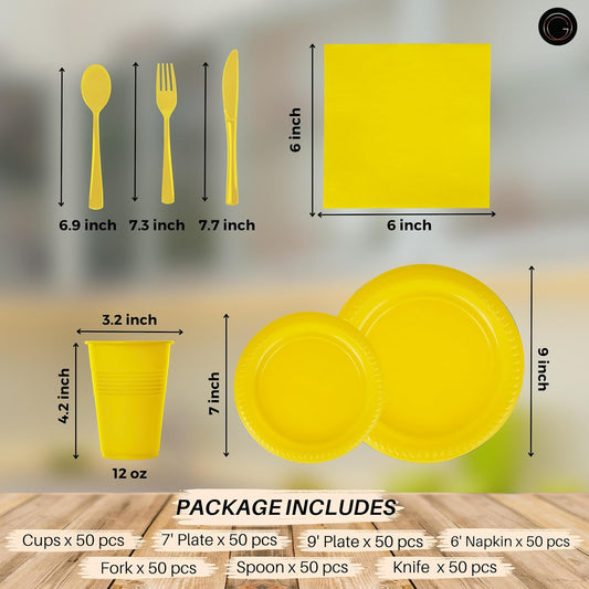 Grandipity 350 Piece Yellow Disposable Dinnerware Set, Includes 50 of Each: 9" Dinner Plates, 7" Dessert Plates, 12oz Cups, Paper Napkins, Forks, Knives & Spoons