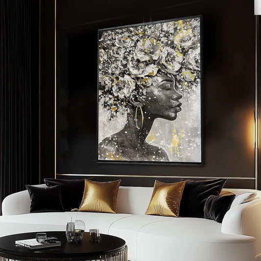 MLART99 Gold African American Wall Art Black Woman Wall Decor with Frame Vertical Floral Canvas Painting Modern Print Bedroom Living Room Decor 24x36 Inch