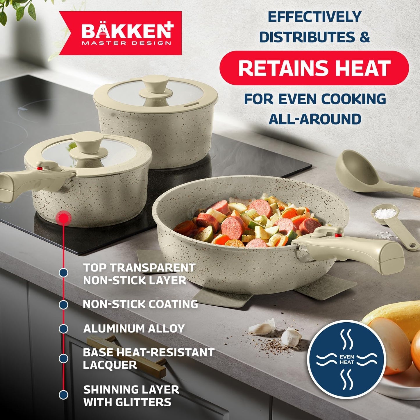 Bakken Master 38 Piece Granite Cookware and Bakeware Set – Nonstick Granite Coating, Pots and Pans with Detachable Handles and Tempered Glass Lids, 6-piece Bakeware set, 12-piece Mixing Bowls, White