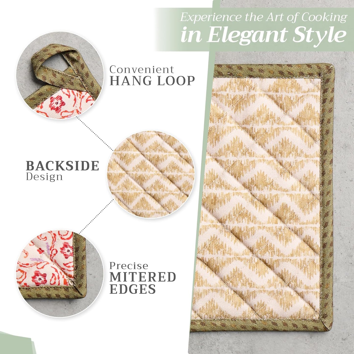 Maison d' Hermine 100% Cotton Oven Mitt & Pot Holder Set (7.5"x13" & 8"x8") Heat Resistant BBQ Cooking Gloves with Loop for Thanksgiving Christmas Decorations Handling Hot Pans (Damask)