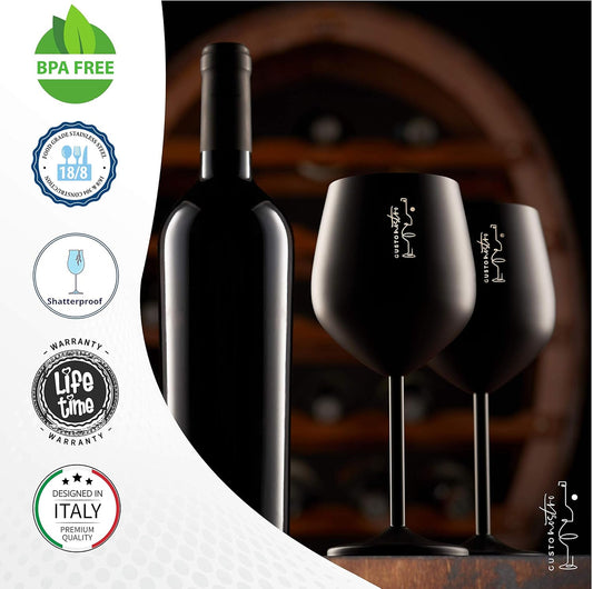 Gusto Nostro Stainless Steel Wine Glass - 18 oz - Unbreakable Black Wine Glasses for Travel, Camping and Pool - Fancy, Unique and Cool Portable Metal Wine Glass for Outdoor Events, Picnics (Set of 4)