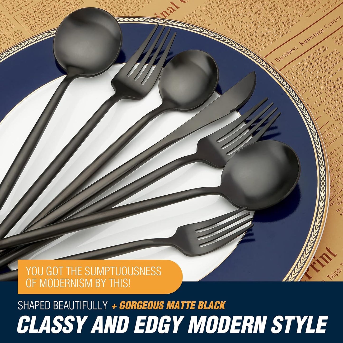 BirdyFly Black Silverware Set, 20 Piece Stainless Steel Flatware Set Service for 4, Matte Black Cutlery Set, Include Knives/Forks/Spoons, Dishwasher Safe