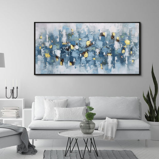 KLAKLA Blue and White Abstract Wall Art - Living Room Wall Decor Gold Picture Artwork for Walls Prints Paintings Framed Canvas Bedroom Office Guest Room Home Decoration 48x24 Inches