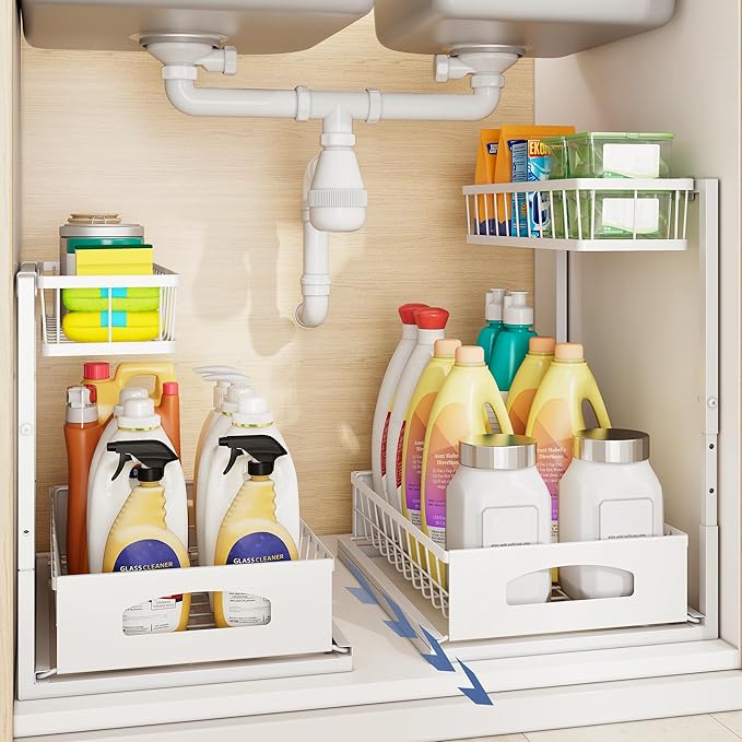 Under Sink Organizer, 2 Pack Height Adjustable Cabinet Organizer with Slide Out Drawer, Pull Out Under Sink Storage, Multi-Purpose 2 Tier Sink Shelves for Kitchen Bathroom Pantry (White, 2 Pack)