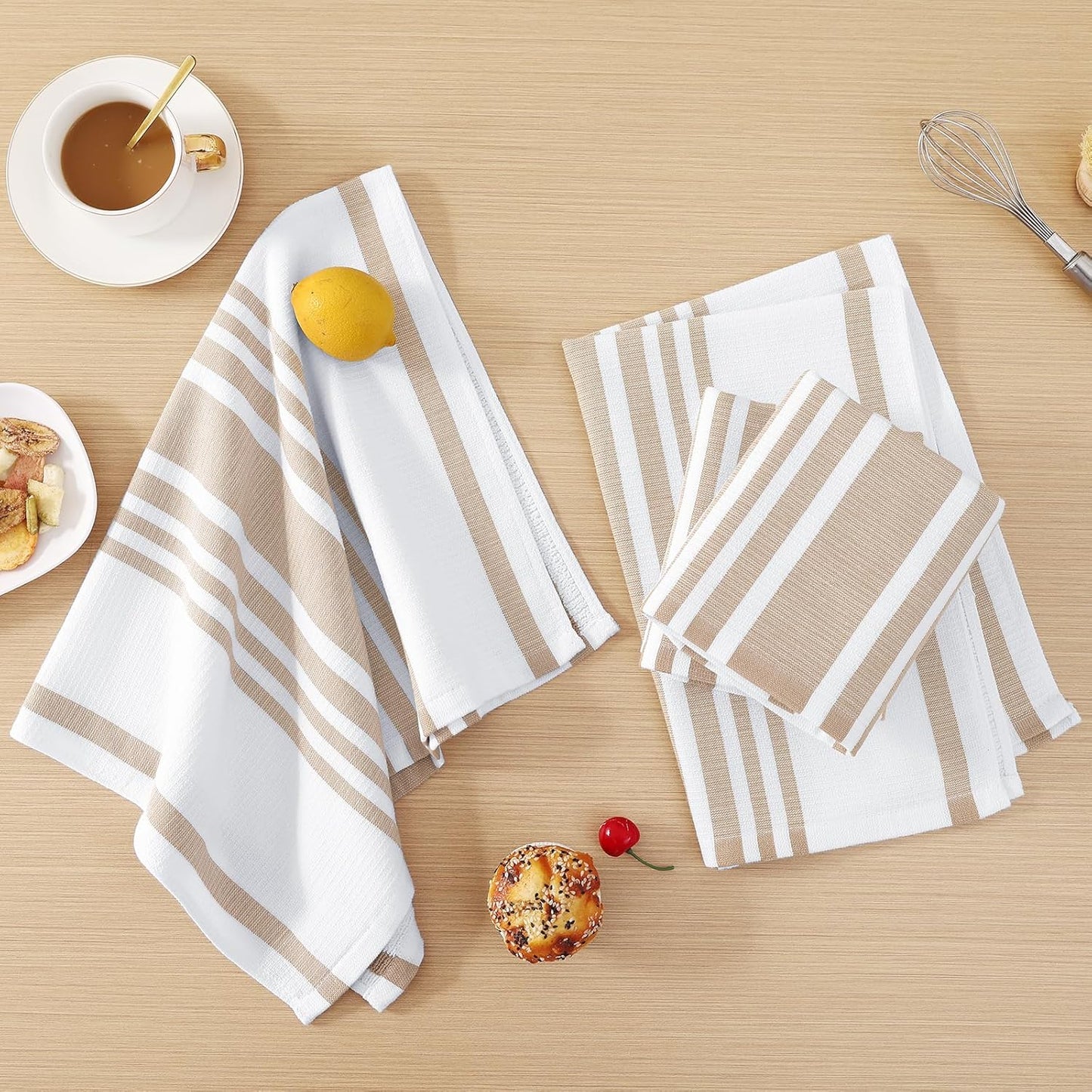 Homaxy Premium Kitchen Towels 18”x 28”, Large Cotton 380 GSM Kitchen Hand Towels, Stripe and Terry Dish Towel, Highly Absorbent Tea Towel Set with Hanging Loop, 8 Pack, Khaki