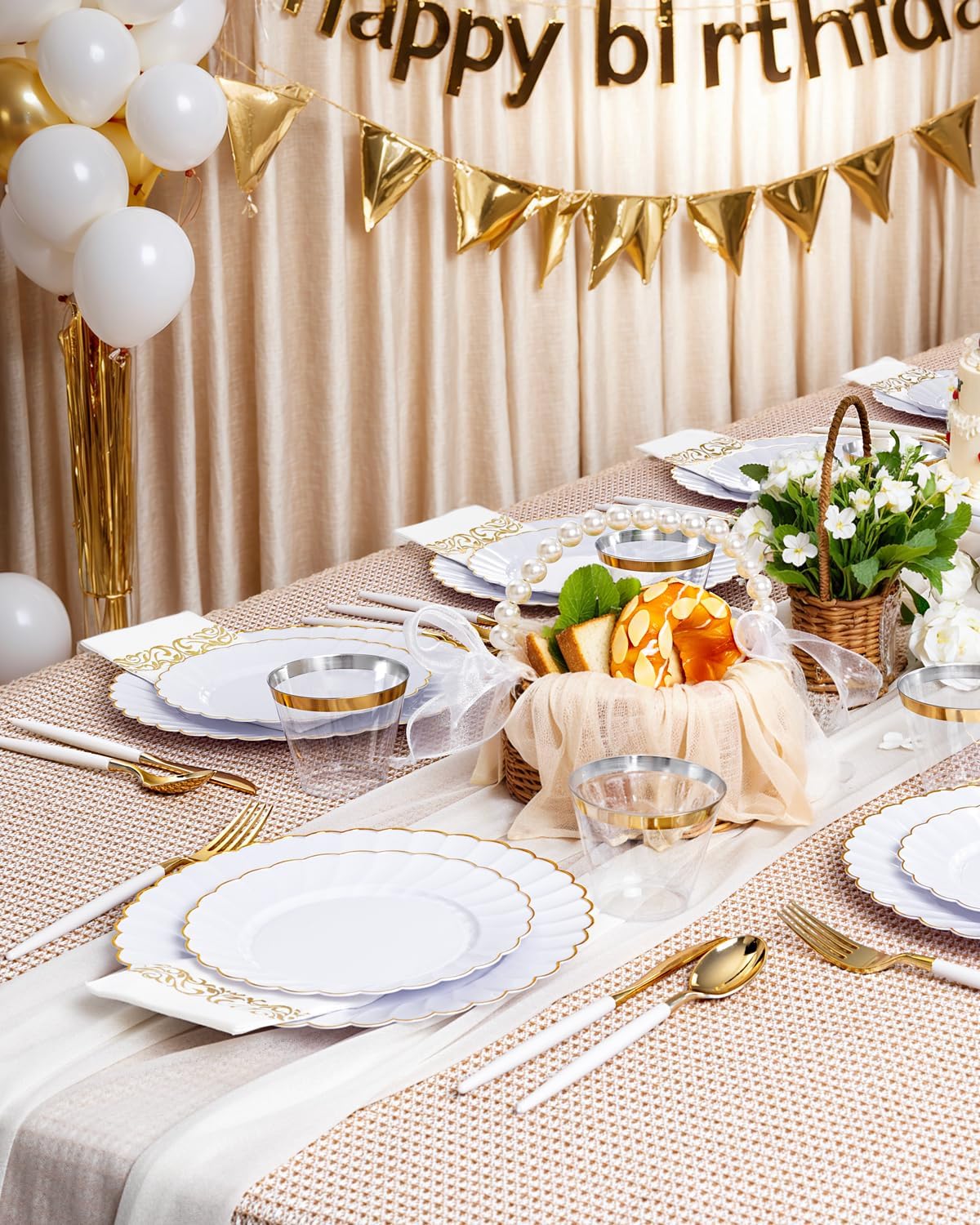 Ciaell 175 PCS White Scalloped Plastic Plates with Gold Trim - Gold Plastic Silverware with Handle - Fancy High-End Dinnerware Sets for Wedding & Showers & Party & Thinksgiving (25 Guests)