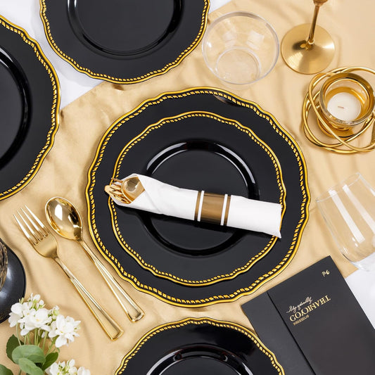 Hioasis 175pcs Black and gold Plastic Plates - Gold Plastic Dinnerware Set Includes 25 Dinner Plates, 25 Dessert Dinnerware, 25 Cups, 25 Napkins Perfect for Wedding & Halloween