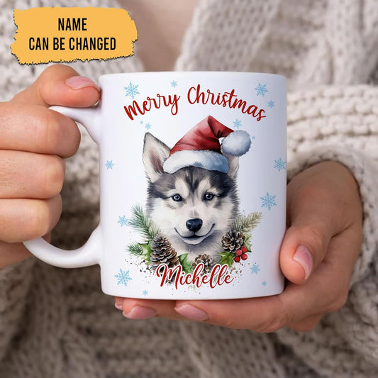 Hyturtle Personalized Gifts Dog Lover - Husky Merry Christmas Custom Name Ceramic Coffee Mug Cup 11oz - Cute Animal Lovers Gifts For Women, Girl kids Family On Birthday, Christmas