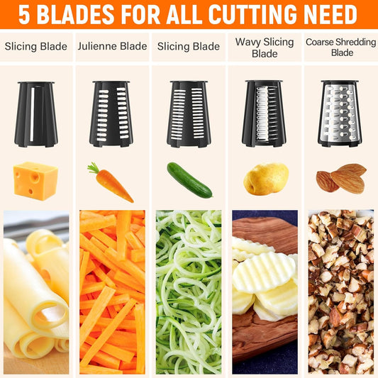 Rotary Cheese Grater Hand Crank with 5 Interchangeable Blades, Vegetable Chopper Spiralizer Slicer for Fruit Vegetable Nuts, Mandoline Slicer for Kitchen with Blades Rack & Suction Base, Black