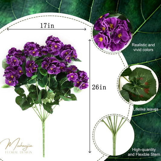 26’’ Artificial Geranium Flowers for Outdoor Decoration,2PCS Silk Geranium Flowers UV Resistant Floor Plants for Garden Porch Patio Table Centerpieces Home Decor (Dark&Light Purple)