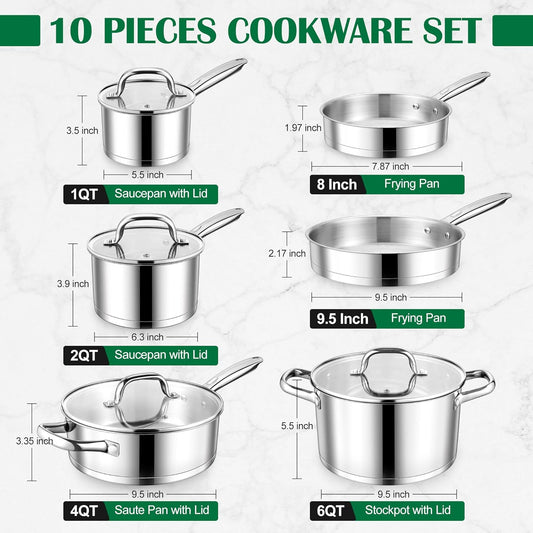 E-far 10-Piece Stainless Steel Cookware Set, Induction Pots and Pans Set with Tri-Ply Base, Non-toxic Kitchen Cooking Set w/Frying Pan, Saucepan, Saute Pan, Stockpot with Lids, Oven & Dishwasher Safe
