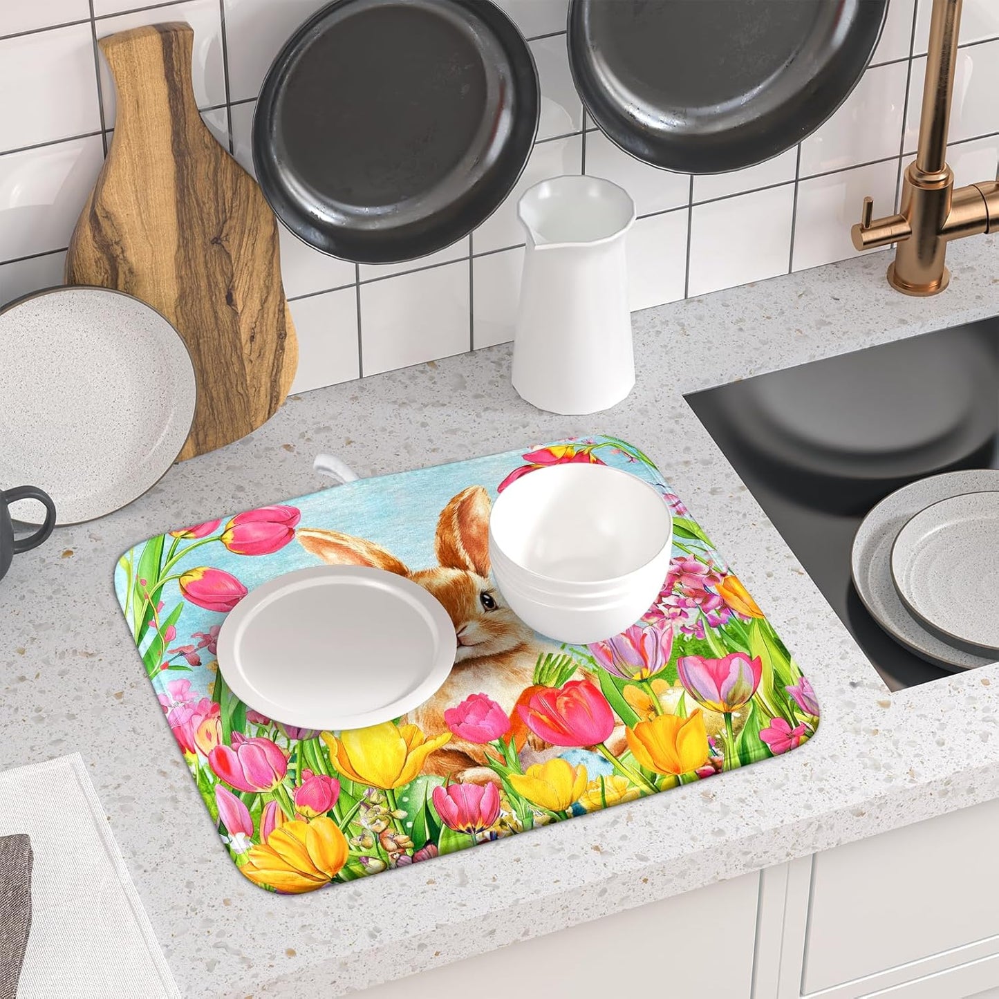 Easter Bunny Dish Drying Mats 16x18 Inch,Colorful Painting Tulip Flowers Leaves Absorbent Microfiber Dishes Drainer Rack Mat Fast Dry Drying Pad for Countertop Sink Holiday Decor