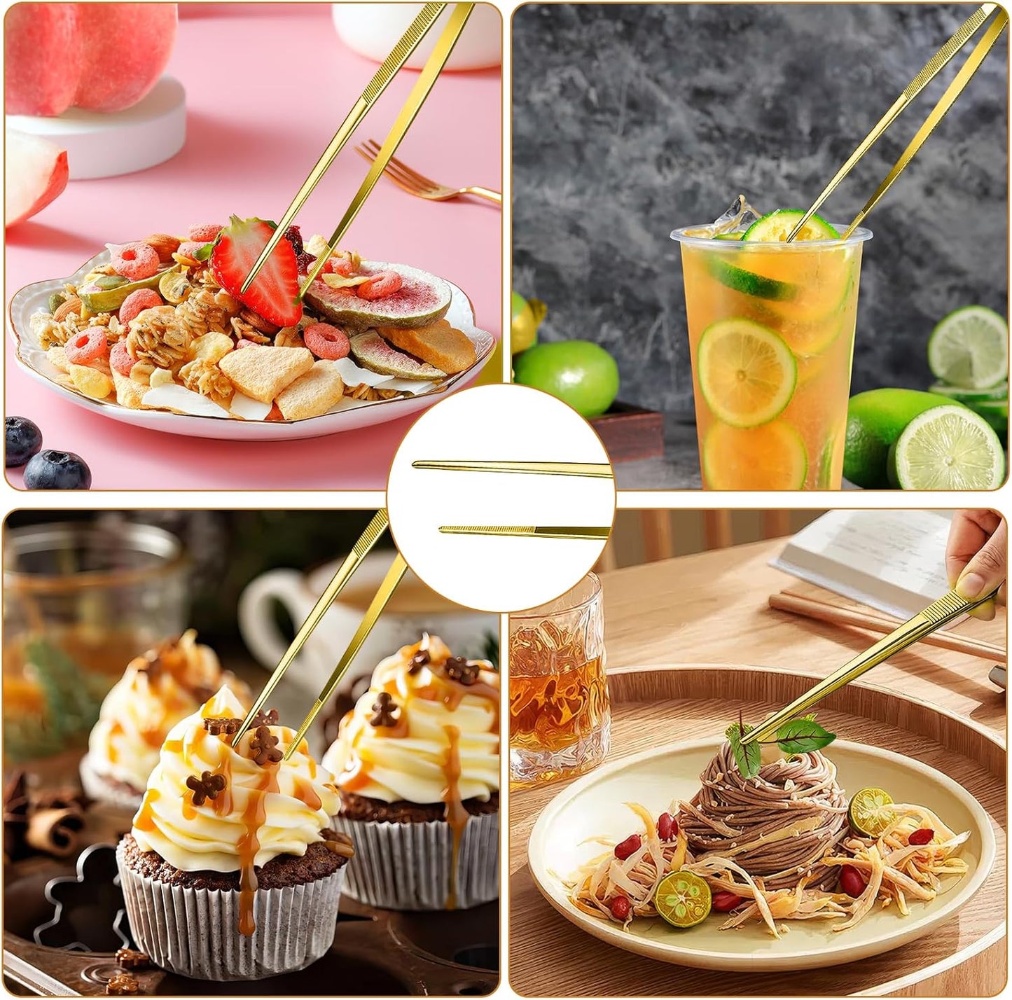 GEEKHOM 2 Pcs 12-Inch Gold Kitchen Tweezer Tongs, Stainless Steel Cooking Tweezers with Serrated Tips for Professional Plating, Grill & BBQ