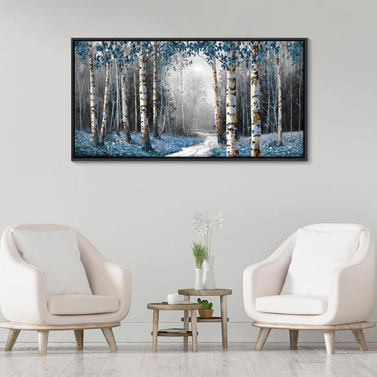 Large Canvas Wall Art Framed - Gray Blue Tree Abstract Canvas Painting Textured Picture, Modern Landscape Artwork Framed for Living Room Bedroom Bathroom Office Home Decor 58"x29"