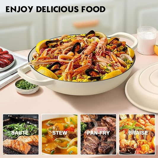 Overmont Enameled Cast Iron Dutch Oven - 3.8 Quart Dutch Oven Pot with Lid - Shallow Cookware Braising Pan - Cast iron Casserole with Cookbook & Heat-resistant Caps - Oven Safe up to 500° F