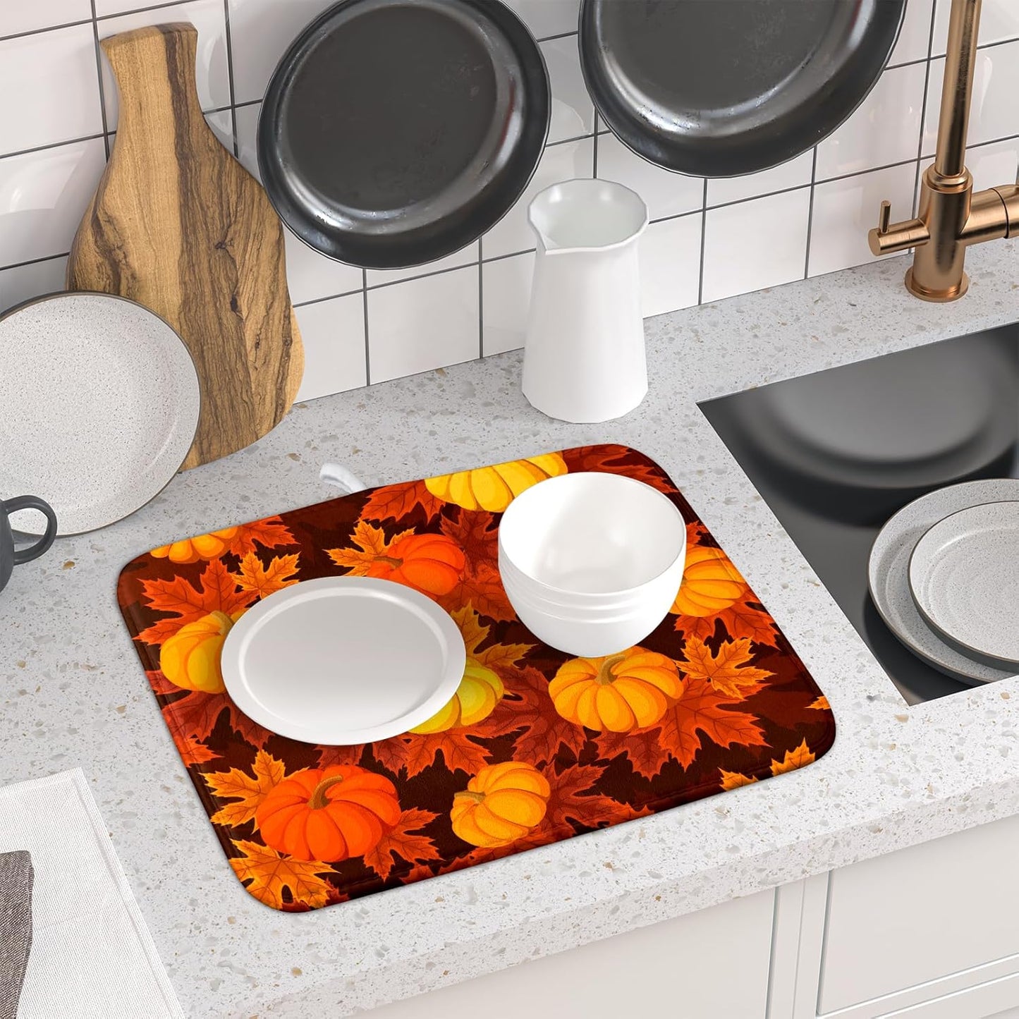 Fall Dish Drying Mats for Kitchen Counter 16×18 Inch Autumn Pumpkin Leaves Festival Holiday Small Microfiber Drying Mat Kitchen Accessories Dish Rack Mat Drainer Pad Washable Absorbent
