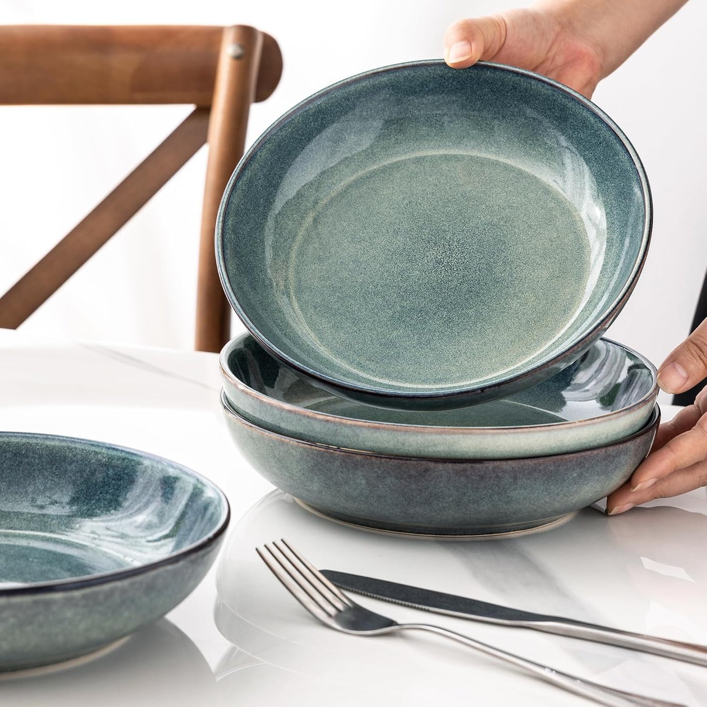 AmorArc 8.5'' Large Ceramic Pasta Bowls Set, 36oz Stoneware Bowls Set of 4 for Kitchen, Reavtive Glaze Bowls-Microwave, Dishwasher Safe for Pasta,Salad,Oatmeal-Ceylon Blue