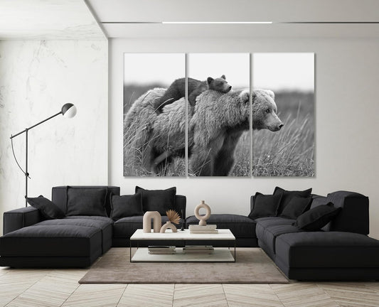 Wildlife Canvas Prints - Wild Animals Home Decor - Medium, Large, and Extra Large Wall Art for Living Room, Bathroom, Kitchen (Mom and Baby Bears, 39L" x 59W" - 3 Panels)