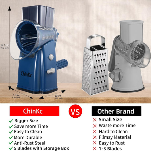 Rotary Cheese Grater Shredder - Upgraded 5 in 1 Cheese Grater with Handle and Strong Suction Base, Multi-purpose Julienne Slicer Ice Shaver Nuts Grinder for Ice, Vegetables, Fruit, Nuts