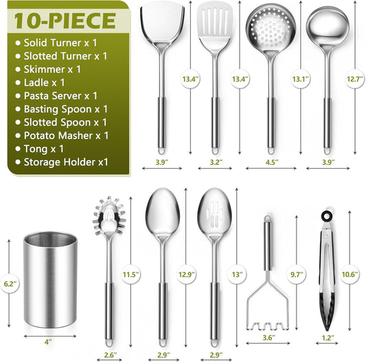 E-far Cooking Utensils Set, 10-Piece Stainless Steel Kitchen Utensils with Holder, Metal Heat Resistant Kitchen Cookware Tool Spatula Set for Cooking, Easy Clean & Dishwasher Safe