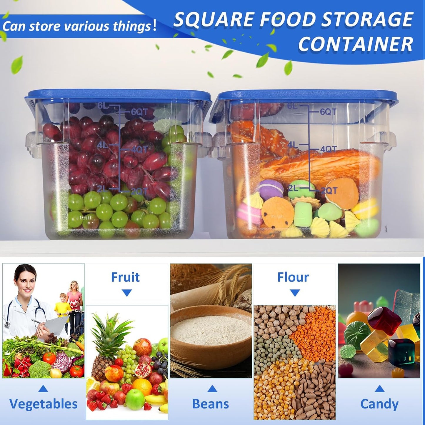 Yungyan 12 Pcs 6 Qt Commercial Food Storage Containers with blue Lids Restaurant Square Airtight Food Storage Containers Clear Cereal Container for Kitchen Freezer Dishwasher Pantry