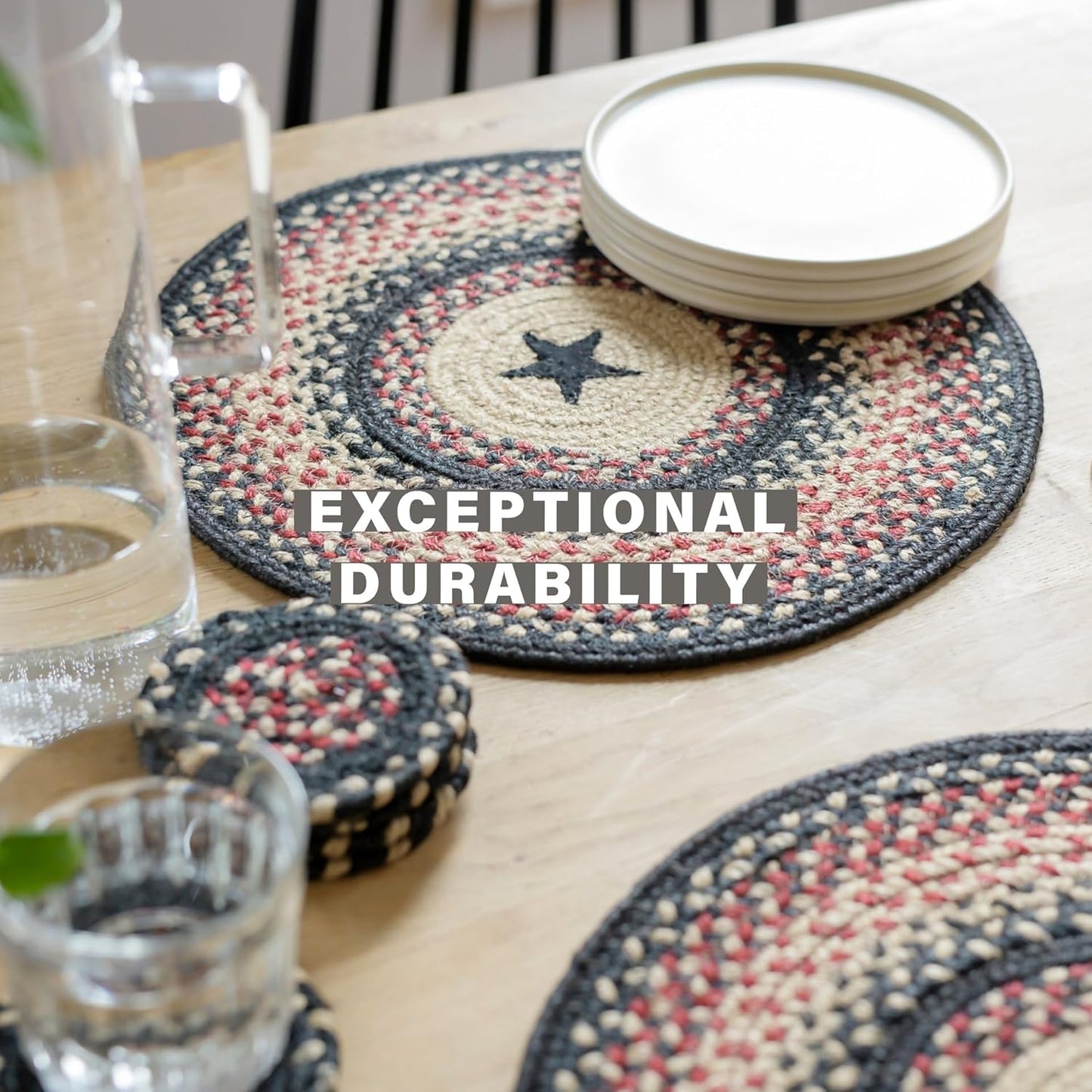 Homespice Primitive Star Gloucester Jute Braided Dinner Table Runner, Warm Primitive Decor, Set of 2, Black and Red Rectangle 8x28 - Rich Colors, Easy to Clean, Durable and Protects Furniture