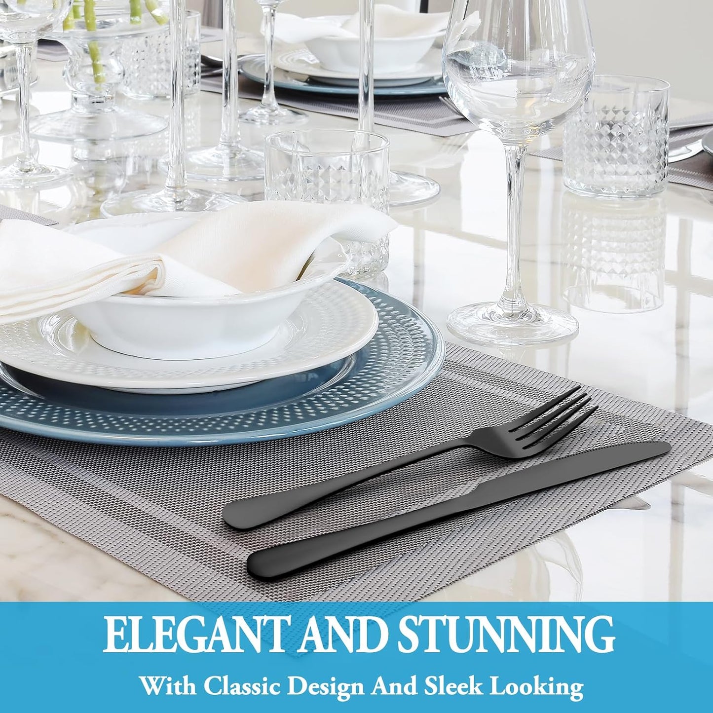 24 Pcs Black Silverware Set with Steak Knives, Stainless Steel Flatware Cutlery Set Service for 4, Kitchen Tableware Set, Utensil Set for Home and Restaurant, Knives Forks Spoon Set, Dishwasher Safe