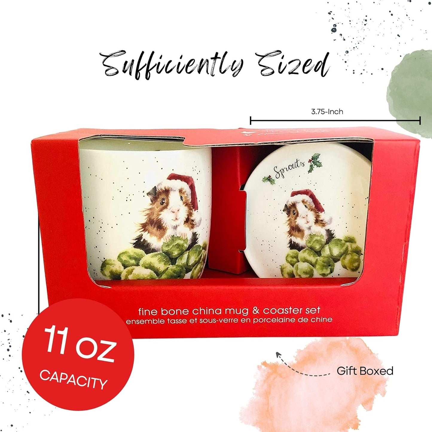 Royal Worcester Wrendale Designs Sprouts 11 Oz Mug & Coaster Set, Fine Bone China Coffee Mug with Adorable Guinea Pig in Santa Hat, Dishwasher & Microwave Safe - Festive Gift for Animal Lovers