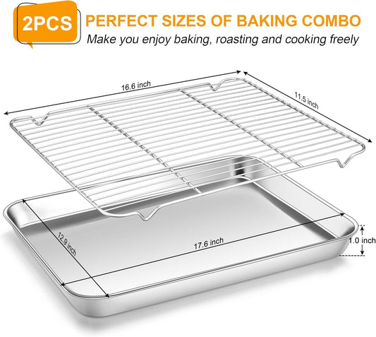 Homikit Baking Sheet Pan with Rack Set, 18" x 13" Nonstick Half Cookie Sheets for Baking Cooking Tray with Wire Cooling Rack, Stainless Steel Bakeware Bacon Pans for Oven Toaster, Dishwasher Safe