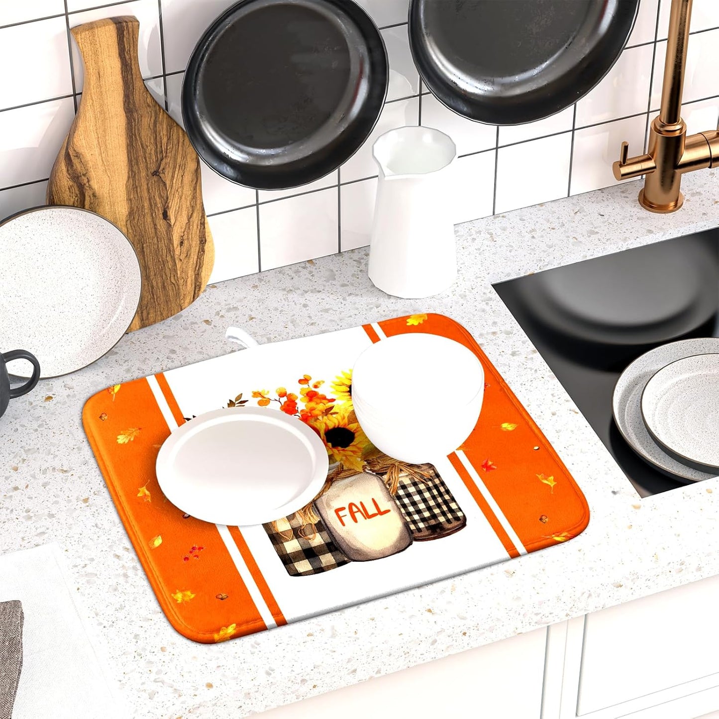 Fall Sunflower Dish Drying Mat for Kitchen Counter -Thanksgiving Autumn Flower Maple Leaves Bouquet Vase Absorbent Fast Dry Dishes Drainer Rack Mat Protector Pad 18x16in