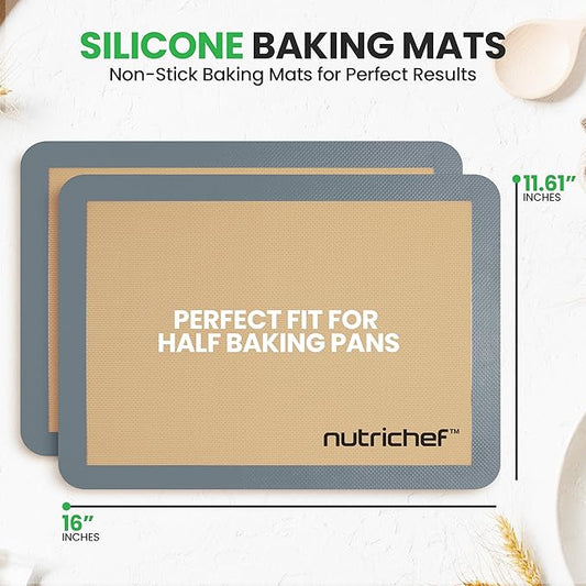 Nutrichef Silicone Baking Mats - 2 Non-stick Food-Grade Reusable Silicone Mats - Perfect for Half Baking Pans 16.5 x 11.6 IN - Oven-Safe Up to 480 Degrees F - Safe for Ovens & Dishwashers - Grey