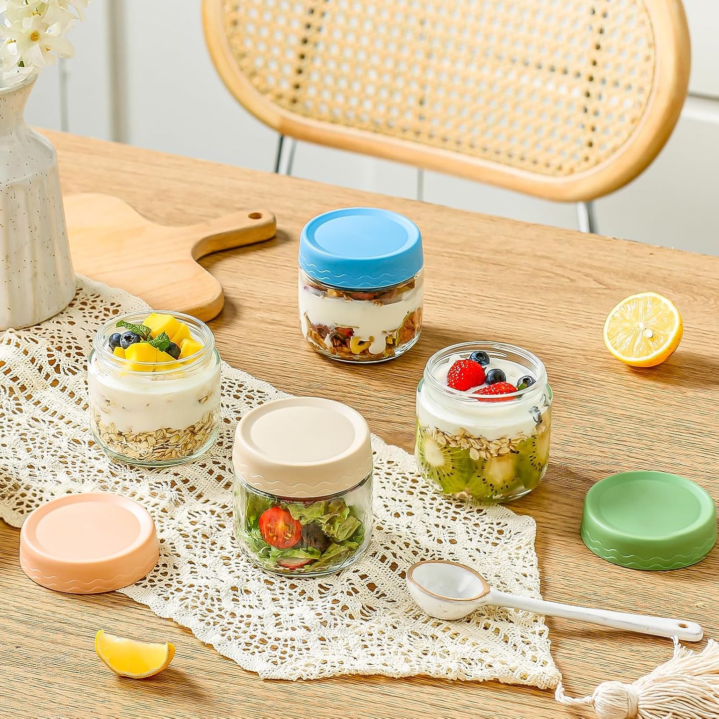 DRKIO 10 Oz Overnight Oats Containers with Lids - 4 Pack Glass Storage Jars with Airtight Lids Wide Mouth Mason Food Jars Great for Meal Prep Salad Chia Pudding Snacks Yogurt Sugar Spice Cereal