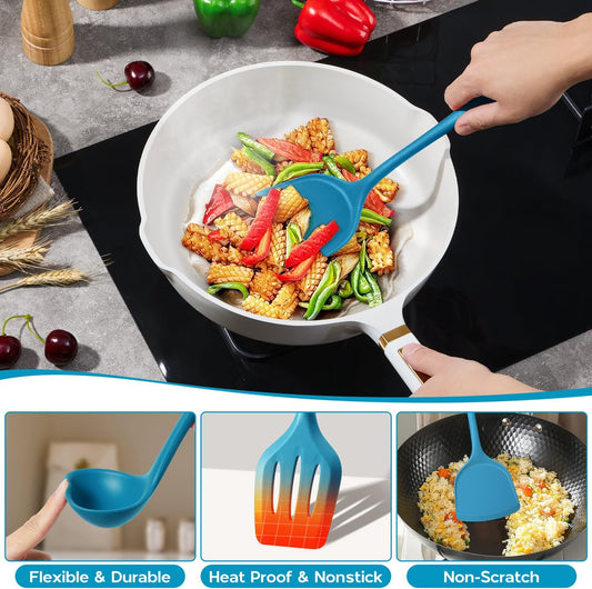 Onader Navy Blue Kitchen Utensils Set, Silicone Cooking Utensils Set of 10 with Turner Spoon Spatula Whisk Pasta Server, Dishwasher Safe