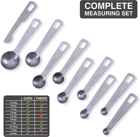 BALCI - 9 Measuring Spoons, Heavy Duty 18/8 Premium Stainless Steel Measuring Spoons Set, Spoons with US and Metric Measurements, Set of 9 + Leveler, Measuring tools for Dry and Liquid Ingredients