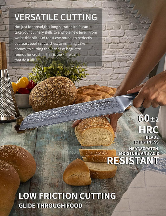 8" Bread Knife Serrated Blade- Hammered Damascus Steel & Resin Handle - Yao Series