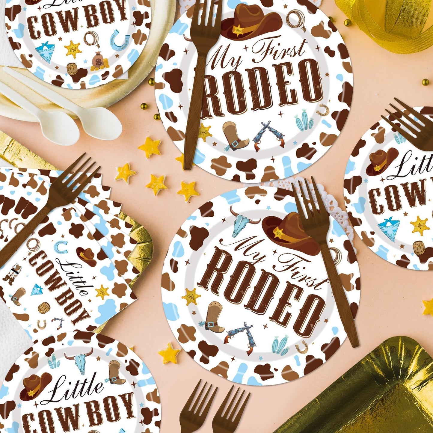 My First Rodeo Birthday Party Supplies - Western Cowboy 1st Party Decorations for Boy Baby Shower My First Rodeo Plates Napkin Forks Tableware Set | Serves 24 Guests