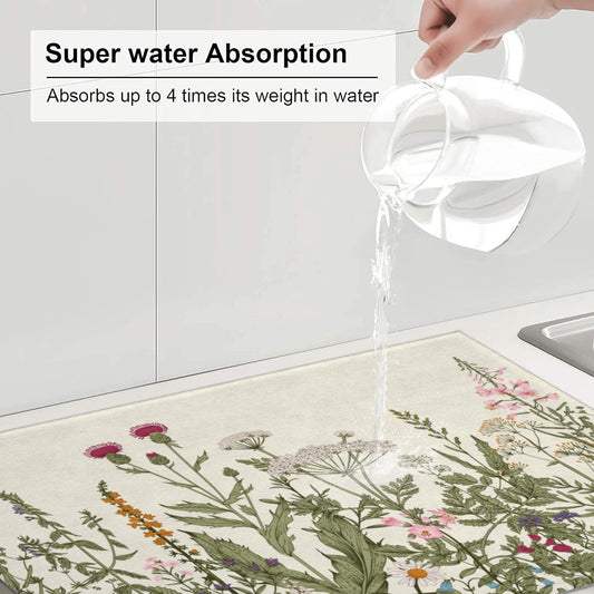 Floral Dish Drying Mat for Kitchen Counter, 18 x 24 Inch Microfiber Spring Summer Dish Mats for Drying Dishes, Antique Herbs and Flowers Dish Drying Pad Kitchen Decor Rack Mat
