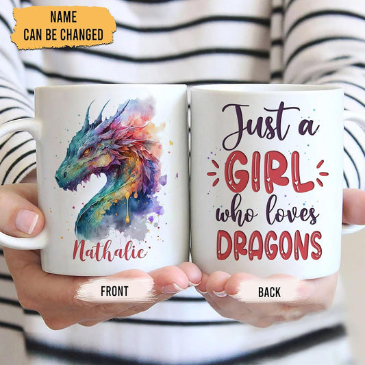 Hyturtle Personalized Gifts Dragon Lover - Just A Girl Who Loves Dragons Custom Name Ceramic Coffee Mug Cup 11oz - Idea Cute Animal Lover Gifts For Women, Girl kid Daughter On Birthday, Christmas