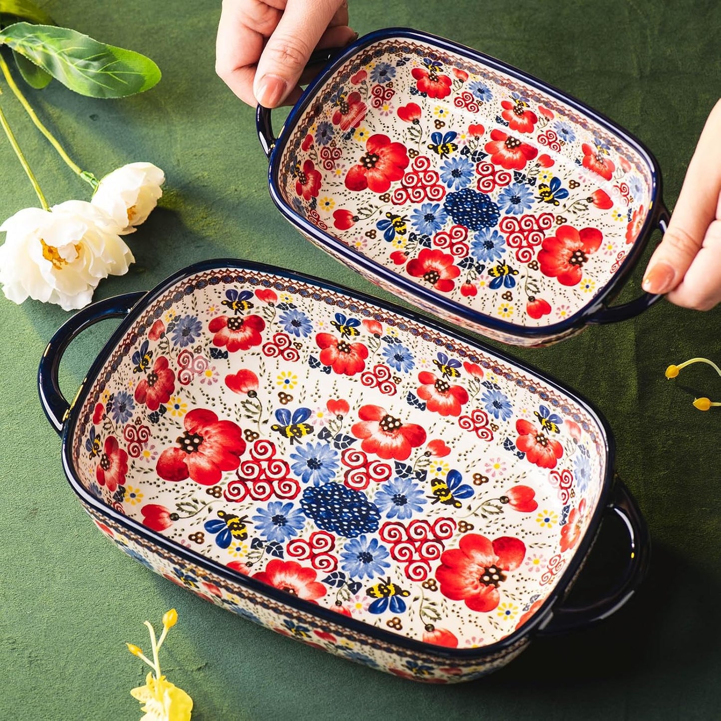 Baking Dish Ceramic Baking Pan Blue Casserole Dish Porcelain rectangular Baking Set 2pcs Bakeware Sets Lasagna Pan Baking Dishes for oven(Honey Flower)