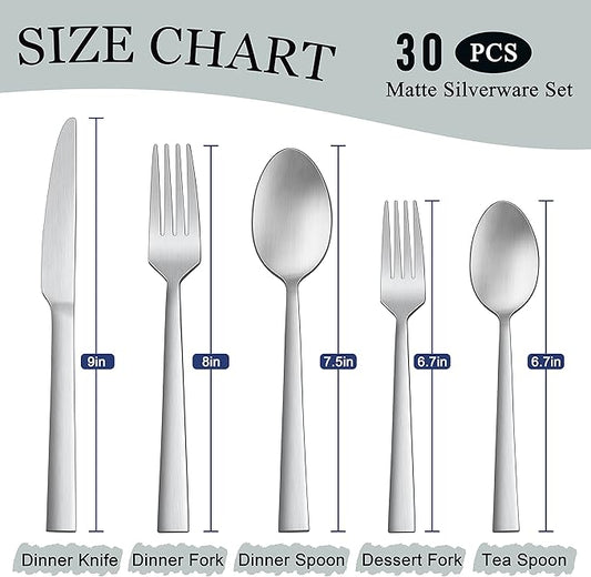 Herogo 30-Piece Matte Satin Finish Silverware Set for 6, Stainless Steel Square Flatware Cutlery Set, Tableware Eating Utensils Include Knife Spoon Fork, Dishwasher Safe