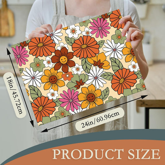 Retro 70s Groovy Flowers Dish Drying Mats 18x24 Inch,Daisy Boho Dish Pad Drying Rack Mat for Kitchen Counter Ultra Absorbent Microfiber Dishware Coffee Maker Bar Countertop Decor