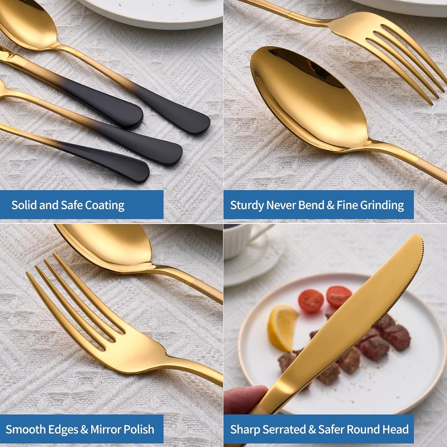 20-Piece Black Gold Silverware Set, 18/0 Stainless Steel Colorful Handle Flatware Set,Service for 4,Modern Cutlery Set Includes Dinner Knives Forks Spoons,Mirror Polished,Dishwasher Safe