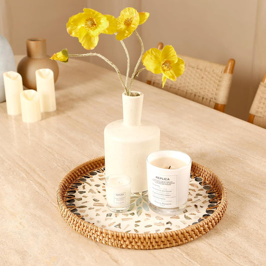 Round Rattan Tray with Mother of Pearl Inlay & Wooden Base - Decorative Wicker Serving Tray for Coffee/Bread/Fruits, Food Storage & Display - Multipurpose Home Decor (M,Blue Shells)