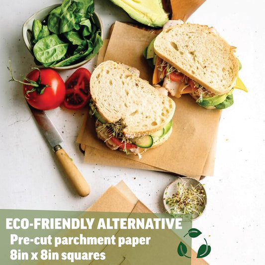 Zenlogy 8x8 Parchment Squares (200 sheets) - Unbleached, Non-stick, Pre-cut Parchment Paper - Fits 8x8 Brownie Square Pans and Toaster Oven Trays, and Air Fryer - Great for Wraps, Baking, Roasting