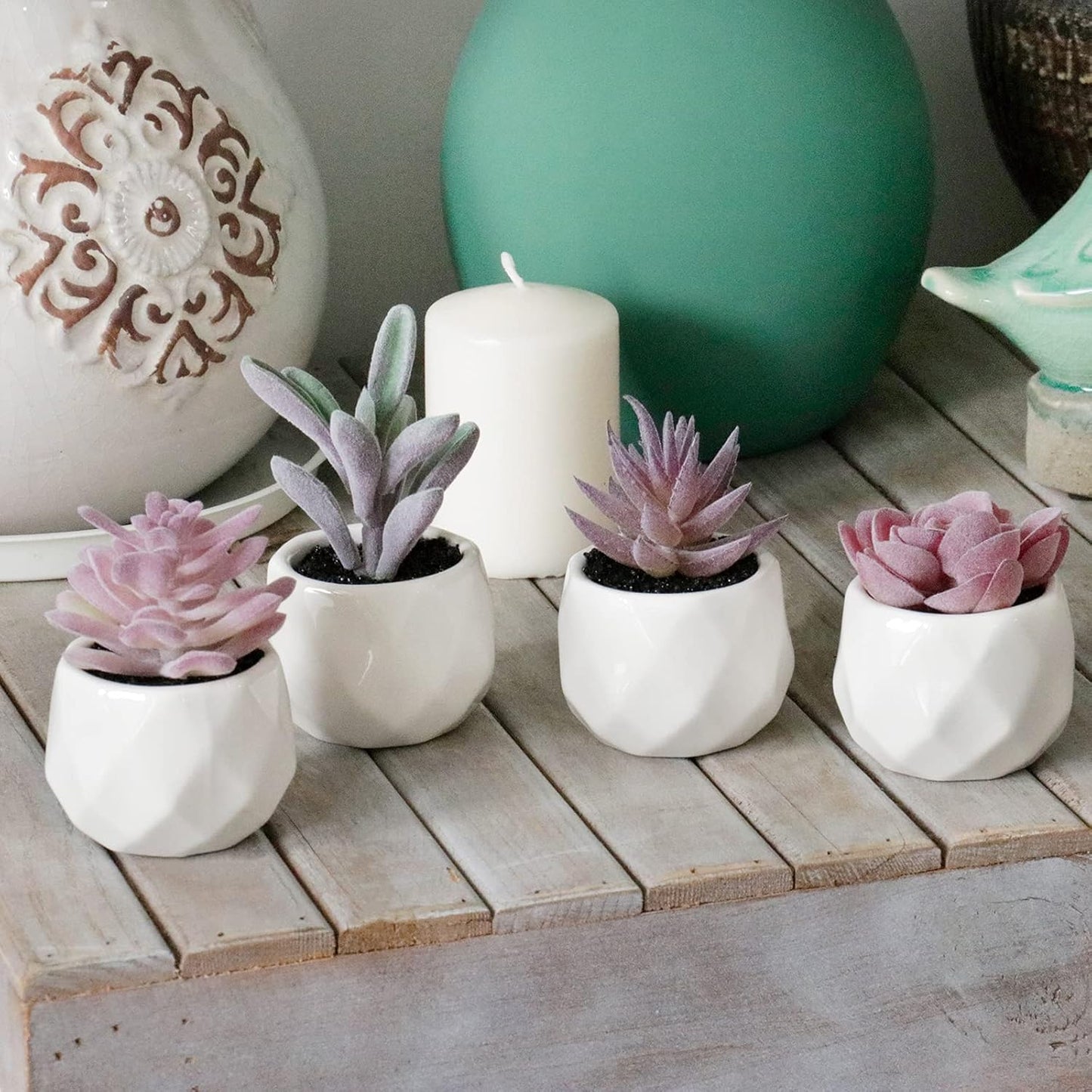 Tiita Purple Artificial Faux Succulents in Pots, Mini Purple Fake Plants for Women Desk, Small Realistic Faux Succulents for Home Office Accessories Window Sill Bathroom Bedroom 4 Set
